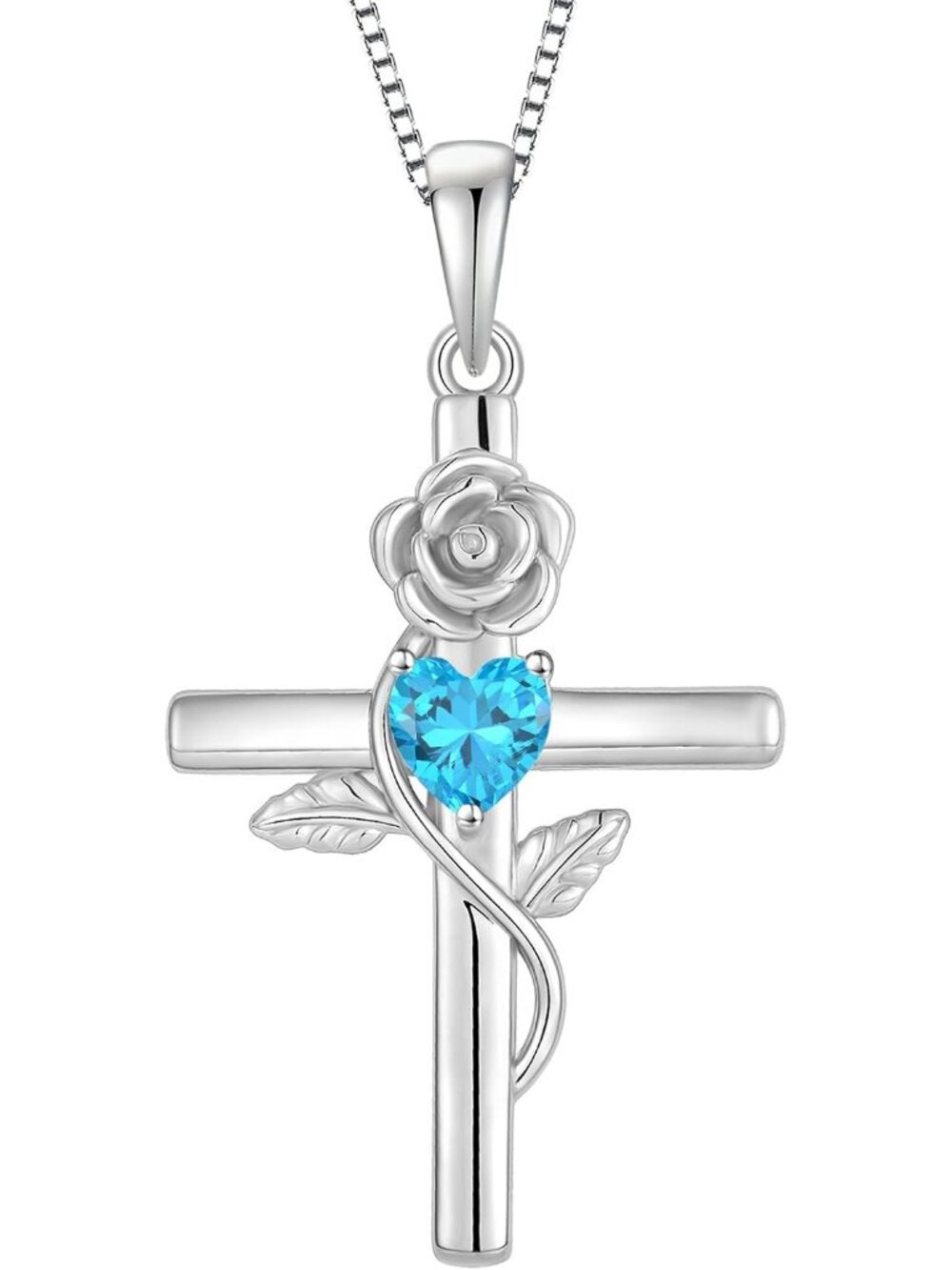 Women’s Blue Sterling Silver Crucifix Flower Cross Birthstone Necklace Jewelry